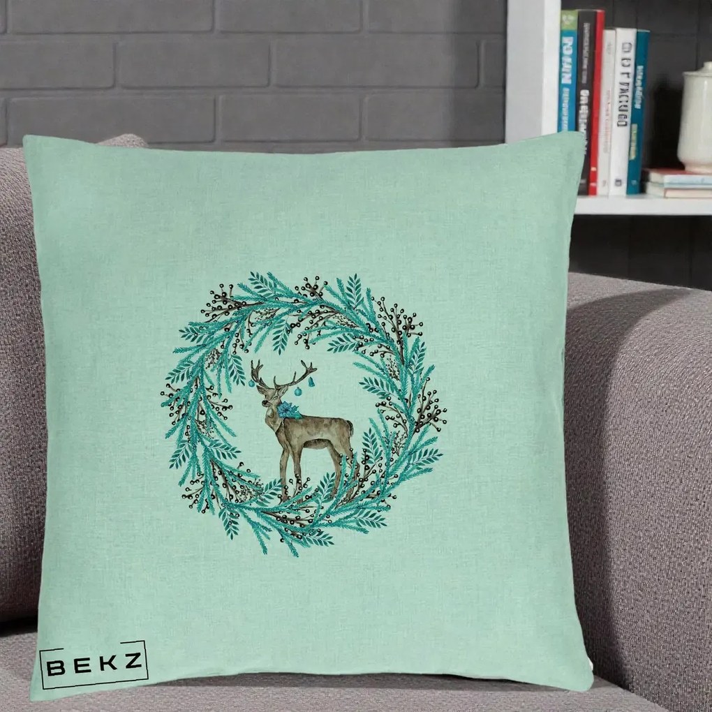 Perna Decorativa Coroana Turcoaz cu Ren, 40x40 cm, Verde Menta, Husa Detasabila, Perna Inclusa, BEKZ®