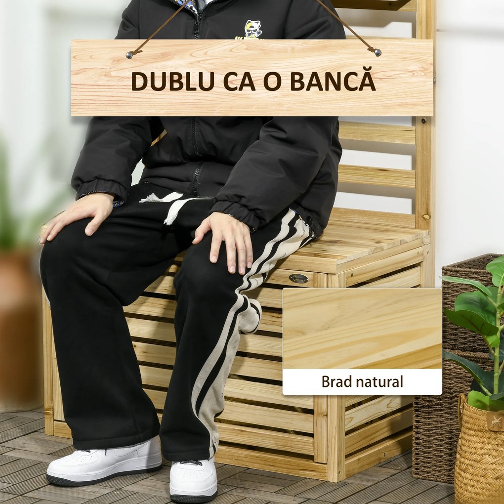 Outsunny Bancă de Depozitare pentru Grădină din Lemn de Brad cu Spalier Integrat și 4 Rafturi, Bancă de Depozitare Exterior Impermeabilă cu Închidere Magnetică, 80x45x160 cm, Culoare Lemn | Aosom Romania