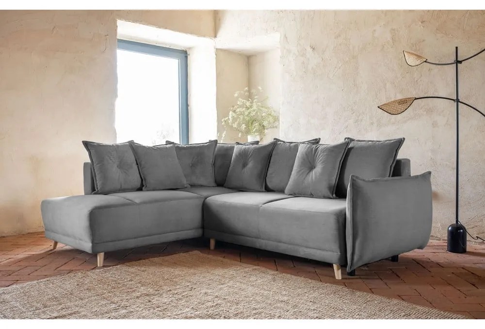 Colțar gri extensibil cu tapițerie din catifea reiată (colț stânga) Lazy Lukka – Miuform