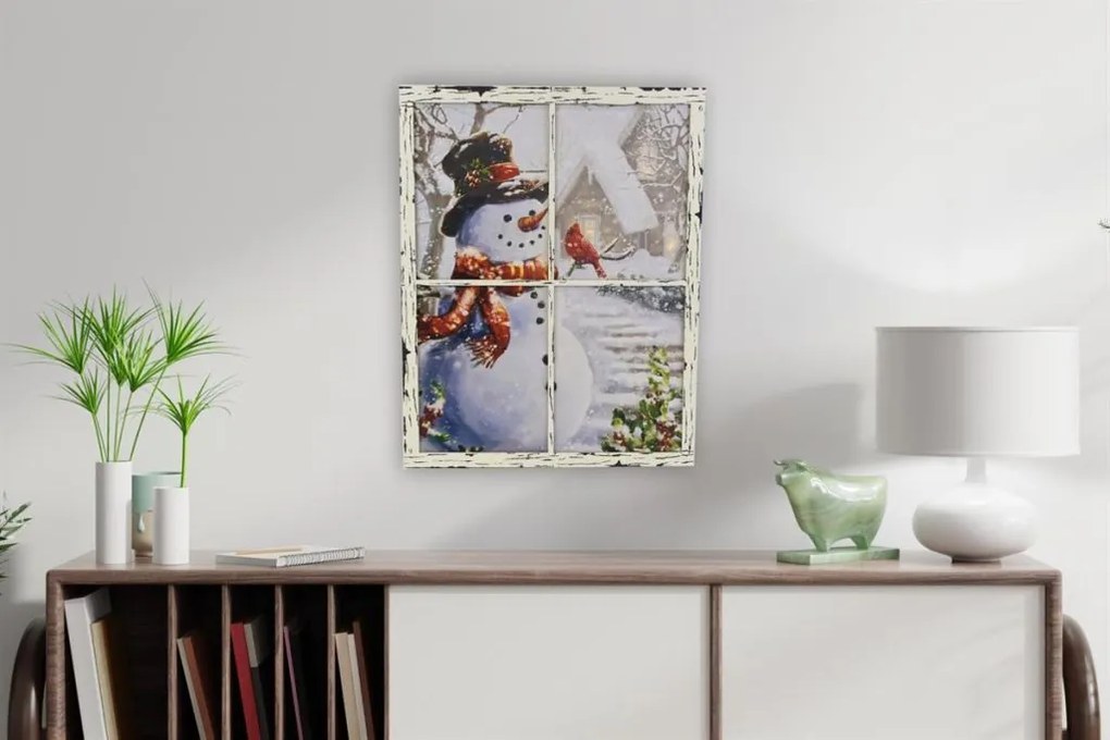 Pictură pe perete Om de zăpadă la fereastră, 3 LED-uri, 49 x