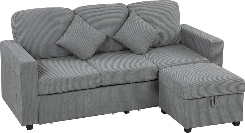 HOMCOM Divan 3 Locuri cu Pouf de Depozitare din Velur cu Nervuri 196x139x85 cm, Gri | Aosom Romania