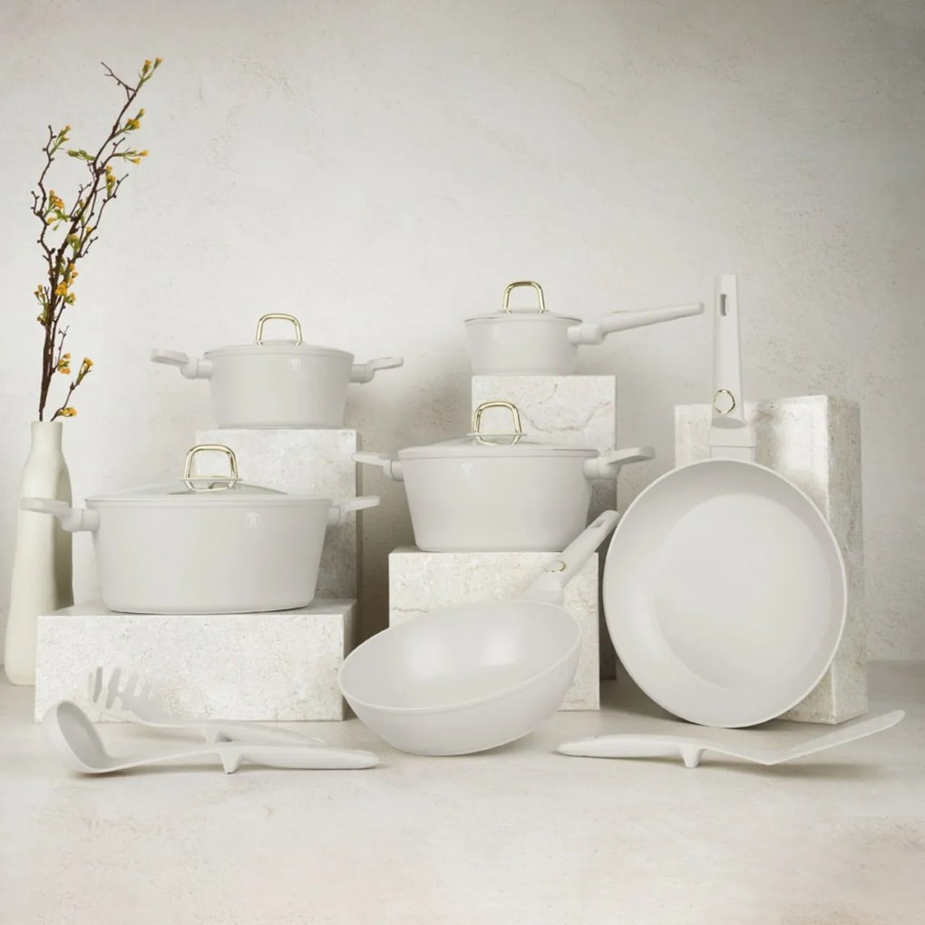 Set oale si tigai cu capace 15 piese Sahara Collection Berlinger Haus BH 8081N, crem, antiaderente, curatare usoara, inductie, design elegant, premium