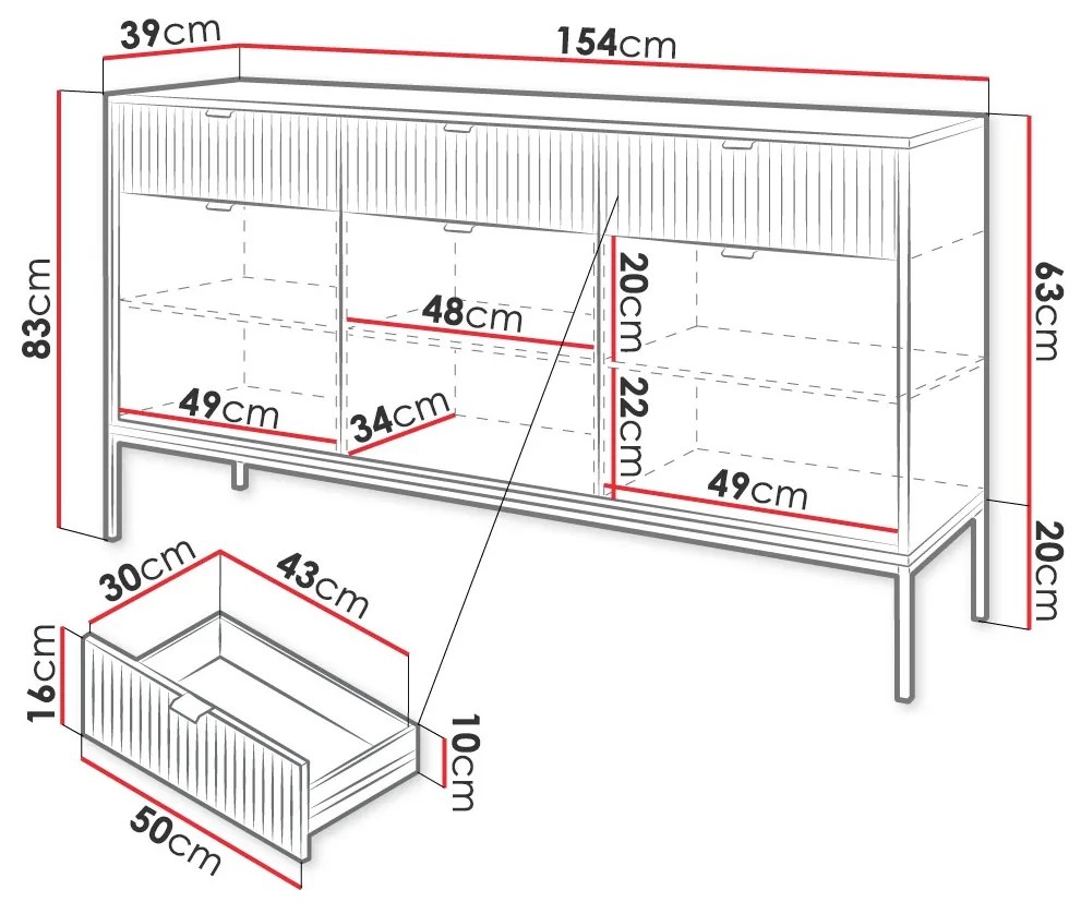 CON3 - Comoda, 154 cm, dulap living, dormitor sau hol cu 3 sertare si 3 dulapuri - Neagra