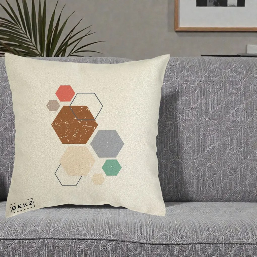 Perna decorativa boho Geometric Hexagoane Multicolor, 40x40 cm cu Umplutura, Ecru, BEKZ