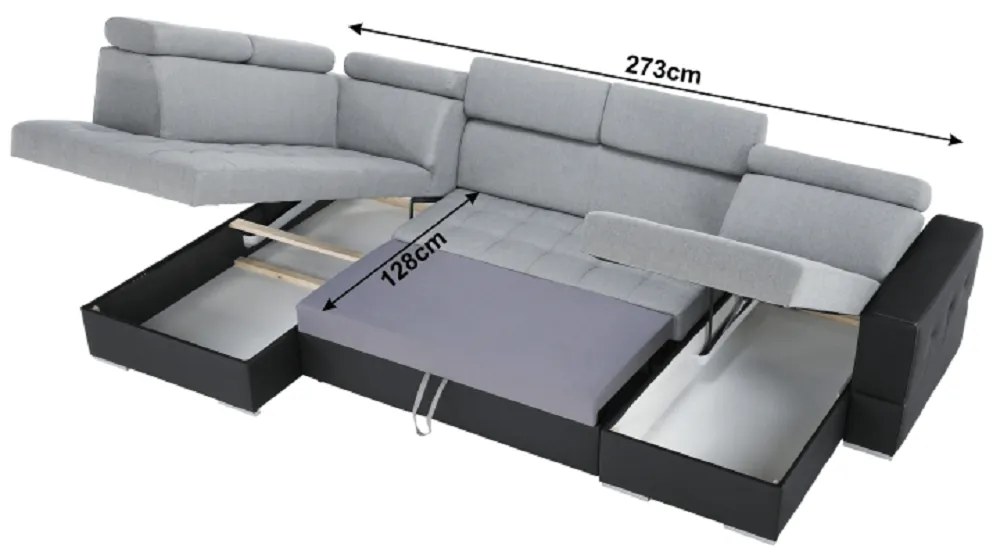 Colţar extensibil, piele ecologică negru/material textil gri deschis, dreapta, VASTO