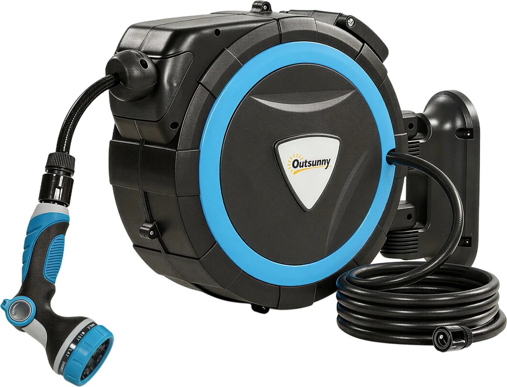 Outsunny Derulator Furtun Udare Montat pe Perete 14+1,5 m cu Blocare și Adaptoare, Rotativ 180°, 12 Moduri, 49x15x37cm, Albastru | Aosom Romania