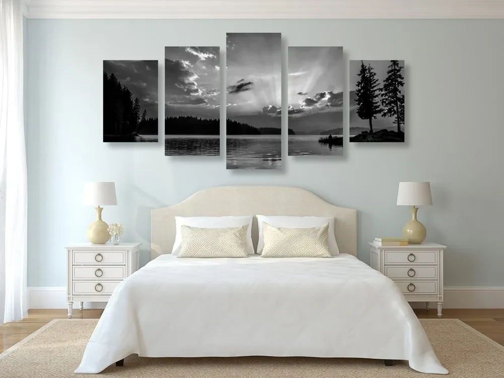 Tablou 5-piese reflexie lacului de munte în design alb-negru