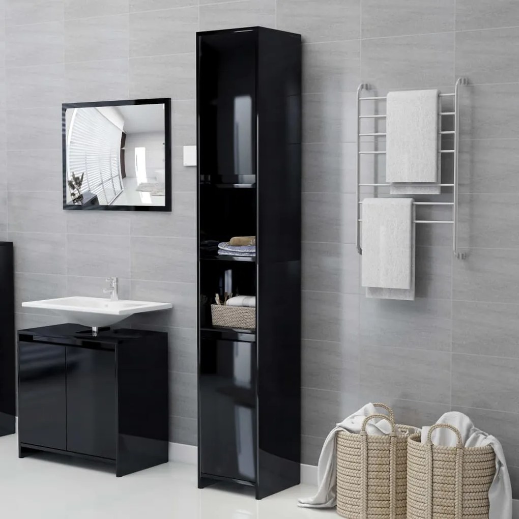 802676 vidaXL Dulap de baie, negru extralucios, 30x30x183,5 cm, PAL