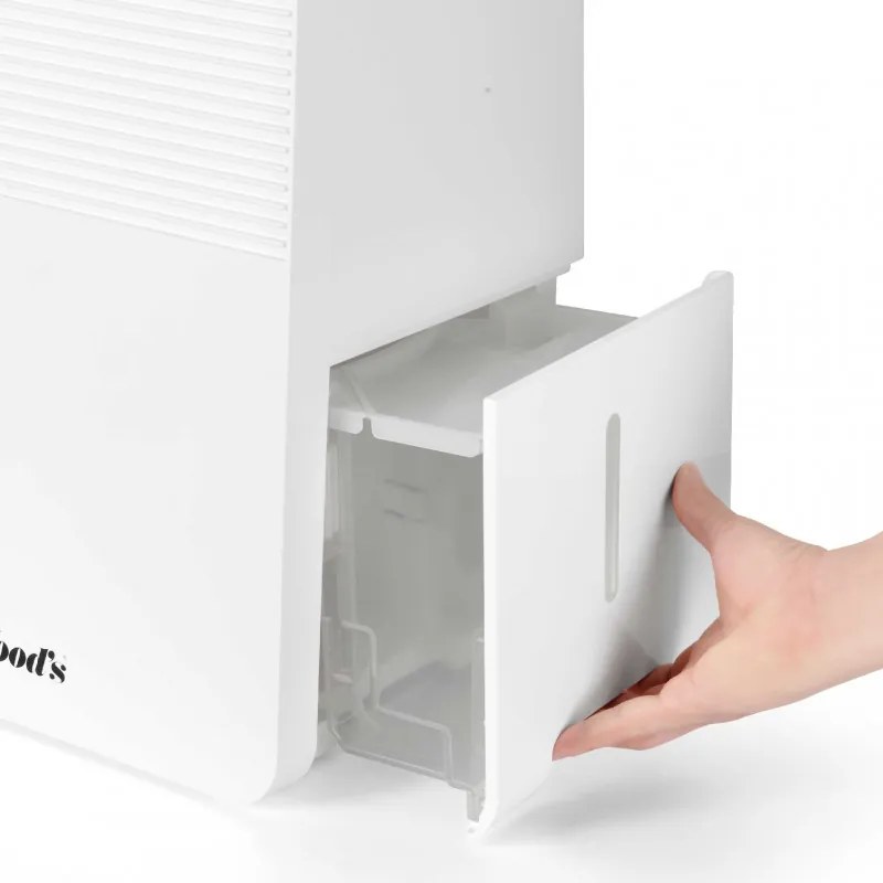 Dezumidificator de aer Woods MDK13, 2 viteze, Pana la 60 m², Potrivit si pentru baie, 108 m³, 12 l/24 h, hidrostat, 44 dB, IPX1, Alb