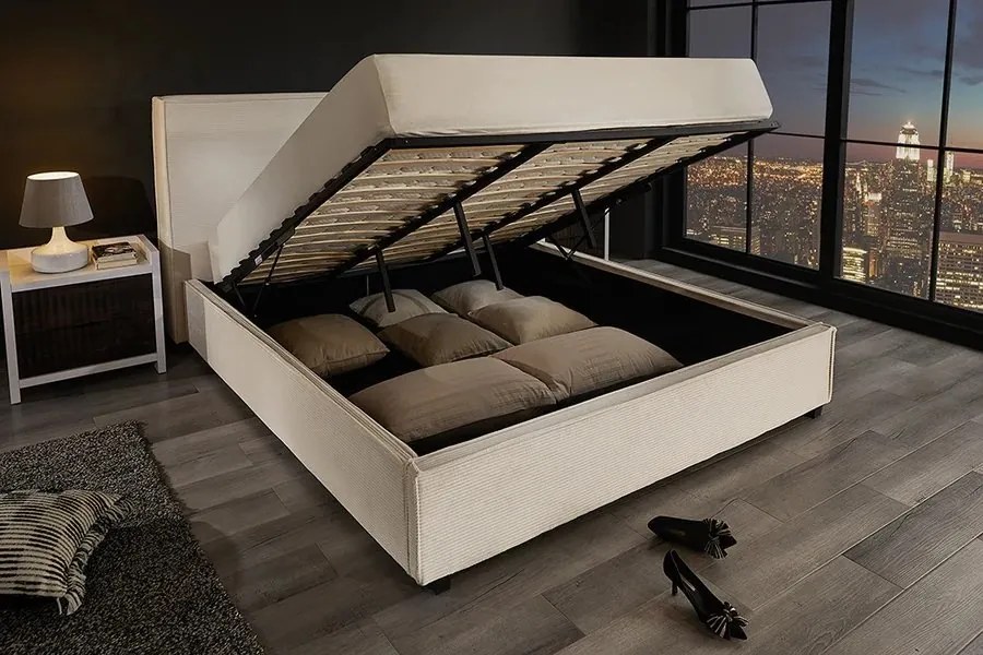 Pat ROCCO 180x200cm catifea raiata bej cu spatiu de depozitare