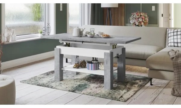 Masă extensibilă ADONIS, pentru living și dining, cu poliță, gri beton/alb