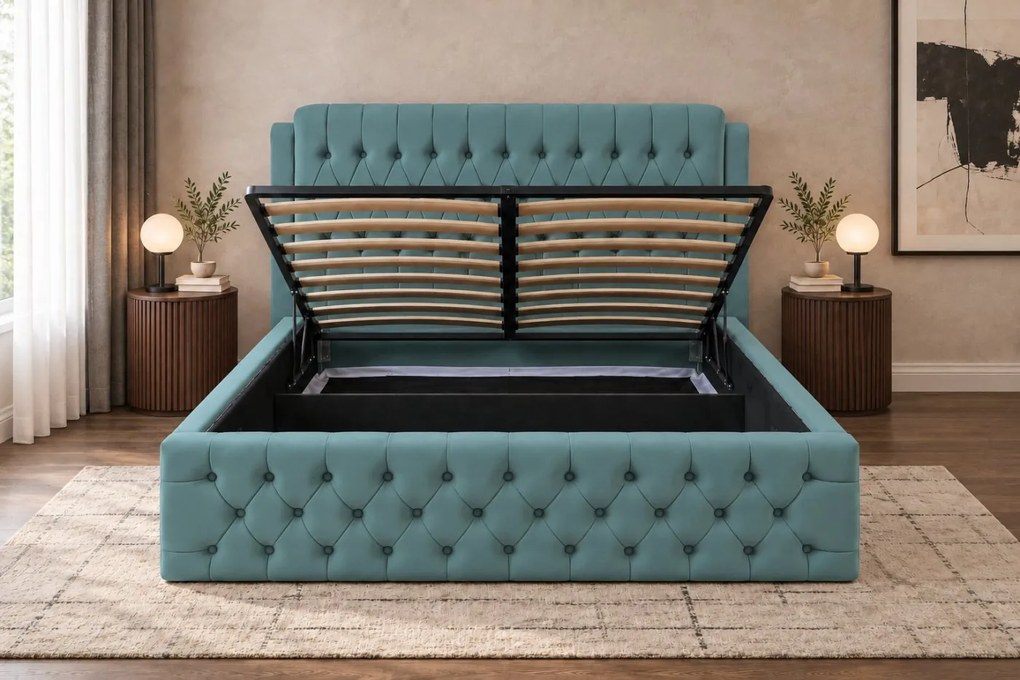 Pat tapițat din catifea Aveline 160×200 cm, verde marin, cu ladă de depozitare