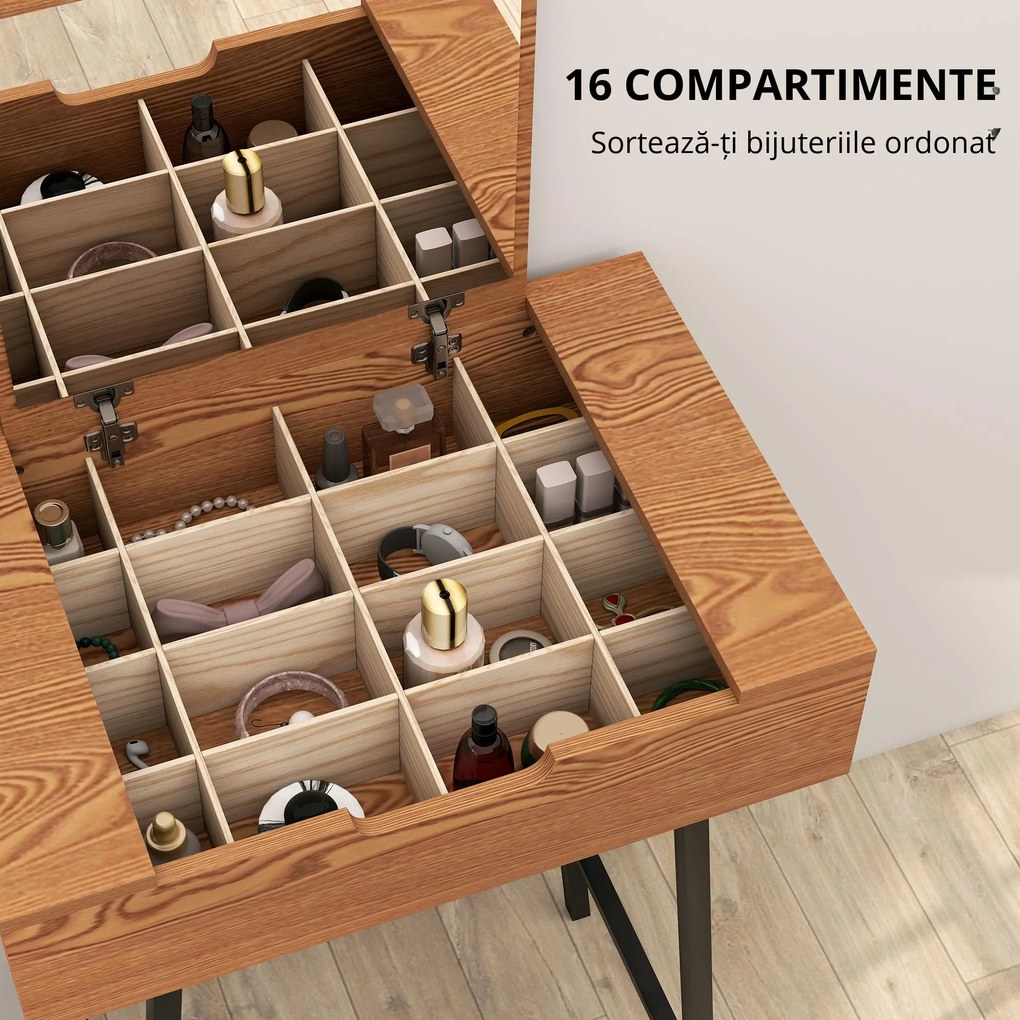 HOMCOM Masă de Machiaj cu Oglindă Pliabilă și 16 Compartimente Lemn și Oțel | Aosom Romania