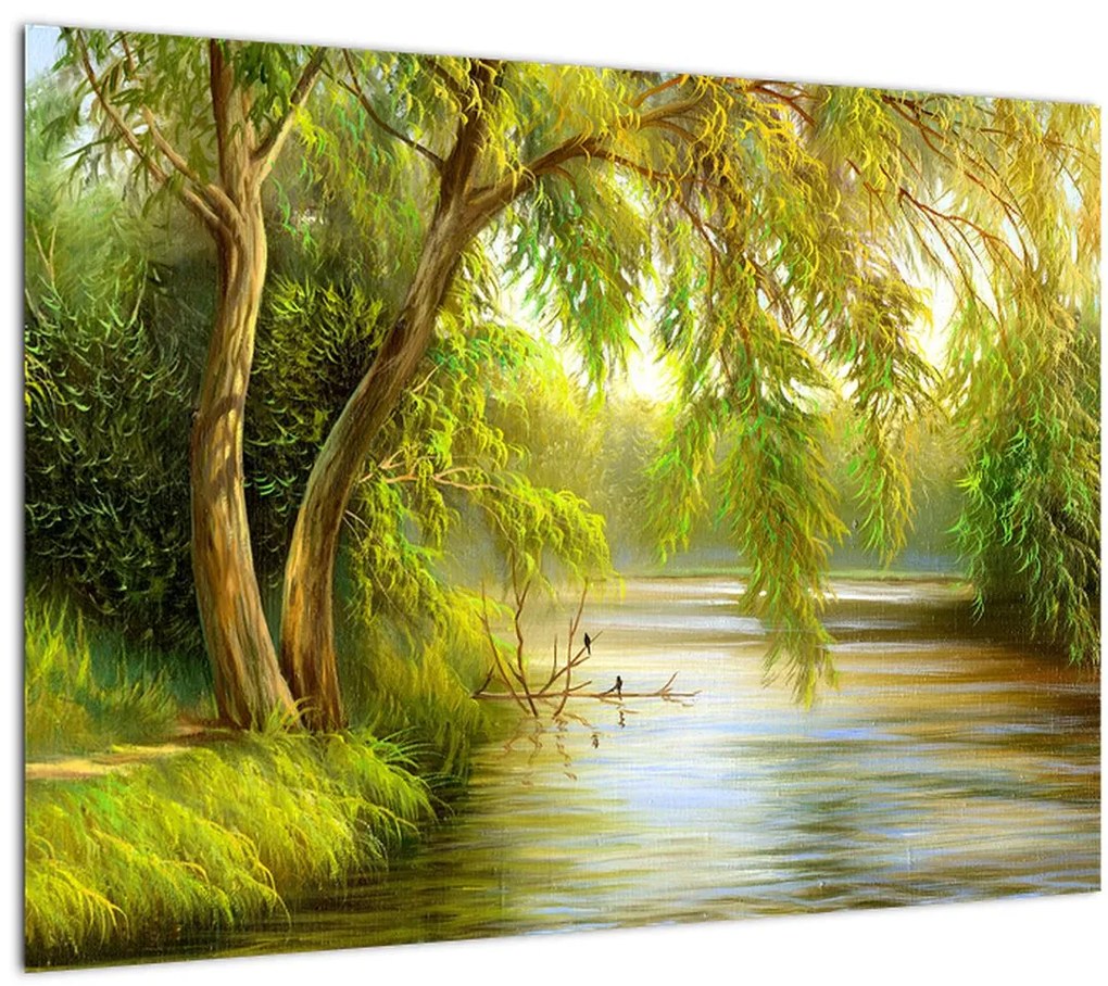 Tablou pe sticlă - Salcie lângă lac, pictură în ulei (70x50 cm)