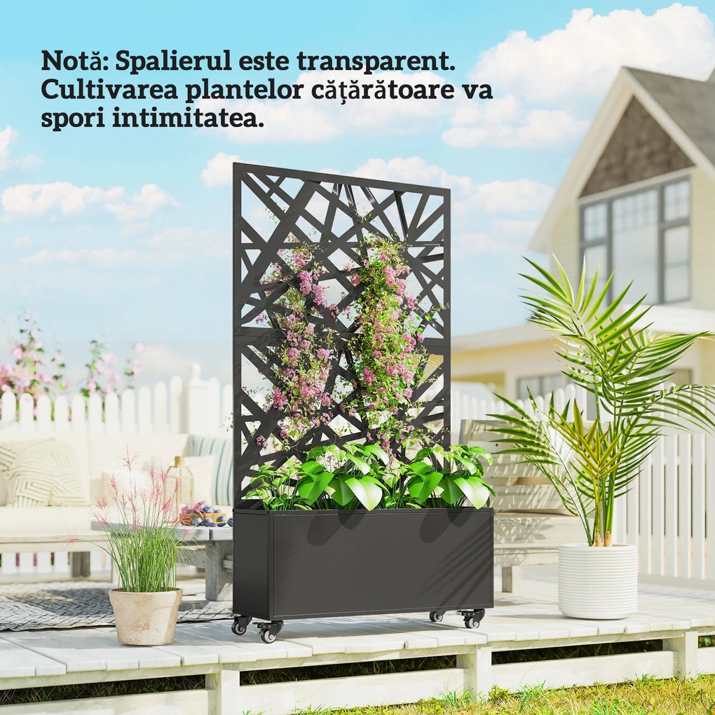 Outsunny Jardinieră pentru Grădină cu Roți și Grilaj, Jardinieră pentru Exterior cu Găuri de Drenaj din Metal, pentru Flori și Legume, pentru Grădină și Balcon, 90x30x160 cm, Negru | Aosom Romania