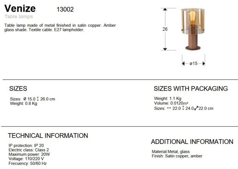 Veioza design modern Venize cupru/ chihlimbar