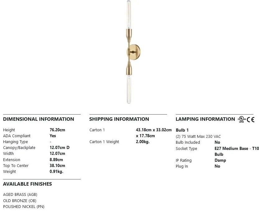 Aplica de perete design minimalist, cu doua surse de lumina TARA, alama antichizata