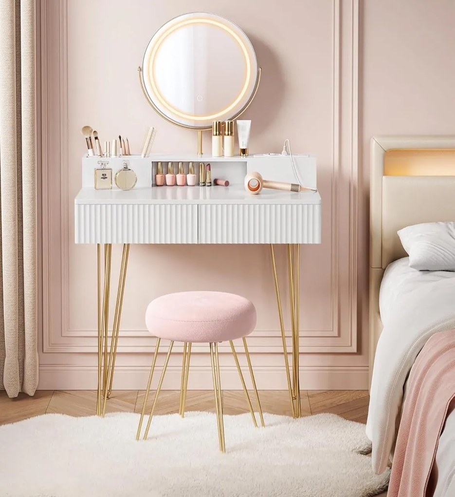 Masuta machiaj alba cu Oglinda LED si 2 Sertare pentru Cosmetice, Set Masa toaleta 80 cm sau 100 cm, masuta cosmetica cu Riflaj, vanity - SEA801