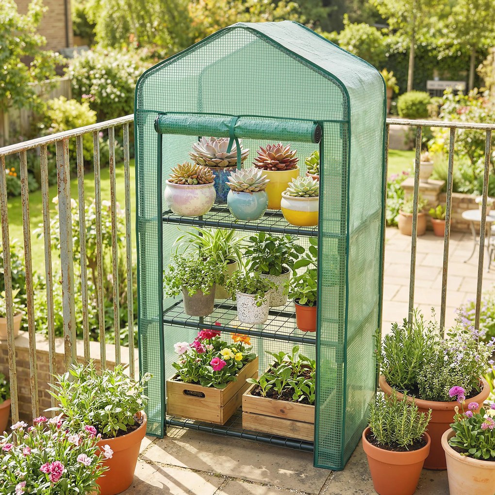 Outsunny Seră de grădină cu 3 rafturi, seră de balcon, prelată PE întărită, cadru din oțel, 59 x 39 x 127 cm, verde | Aosom Romania