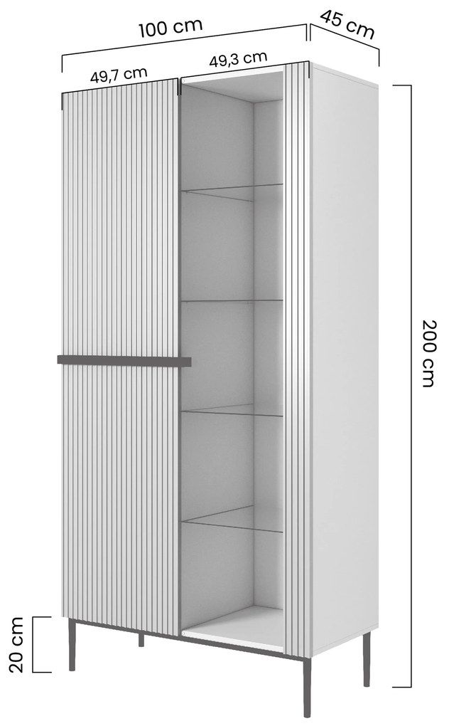 Vitrina Nicole 100 cm cu fata canelata - picioare alb mat / auriu