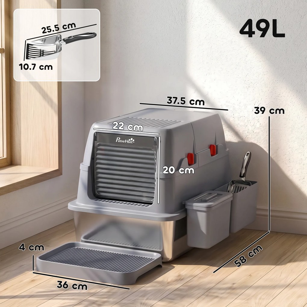 PawHut Litieră pentru Pisici 3 în 1, Închisă, 49 l, din Oțel Inoxidabil, cu Capac, Lopățică, Treaptă, 2 Cutii, Gri | Aosom Romania