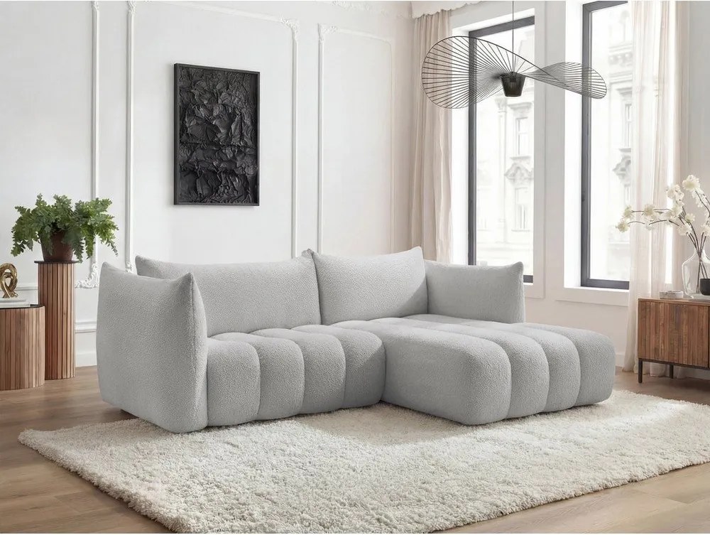 Colțar gri deschis cu tapițerie din țesătură bouclé (cu colț pe partea dreaptă/cu șezlong) Azra – Bobochic Paris