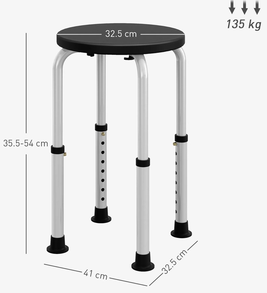 HOMCOM Taburet de Duș reglabil în Înălțime șezut de Duș Ergonomic Picioare antiderapante Capacitate Max. 136 Kg aluminiu HDPE Negru | Aosom Romania
