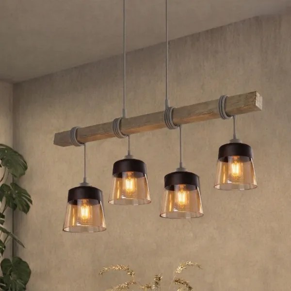 Brilagi - Lustră pe cablu WOOD GLASS 4xE27/60W/230V pin/gri/maro fumuriu