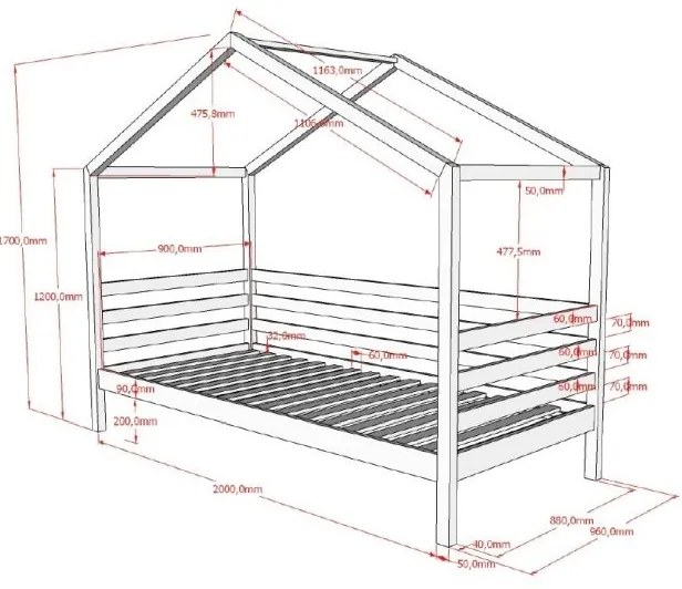 Pat Căsuță cu Protecție, Alb, 90 x 200 cm, Pin Masiv – Dallas – Vipack