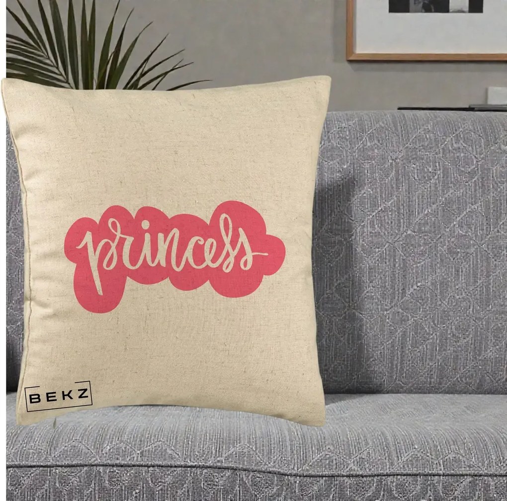 Perna Decorativa Princess Text Roz, 40x40 cm, Bej, Husa Detasabila, Perna Inclusa, BEKZ®