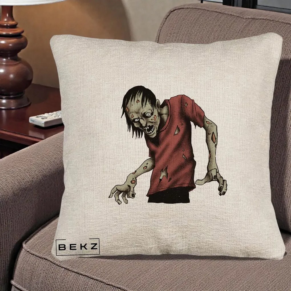 Perna Decorativa Halloween Zombie Infricosator, 40x40 cm, Bej Canapea, Husa Detasabila, Perna Inclusa, BEKZ®