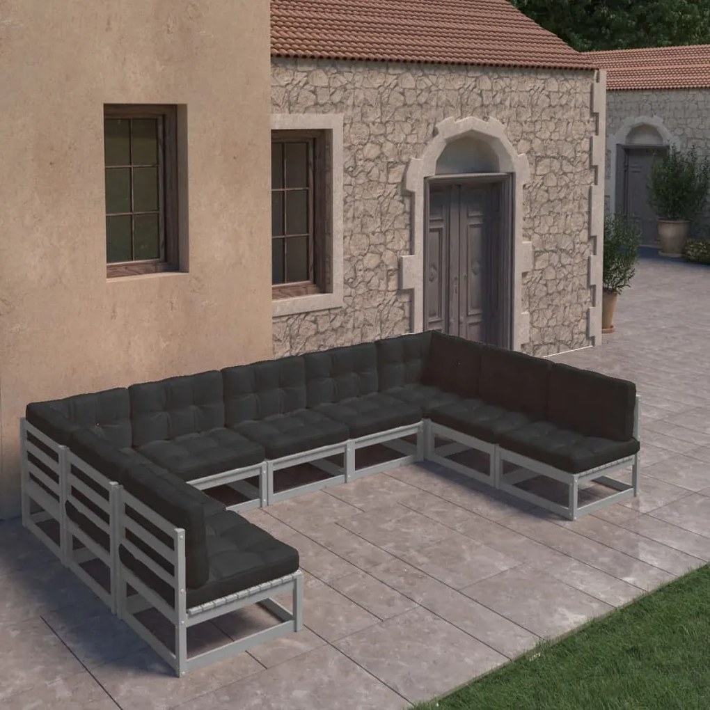 3077196 vidaXL Set mobilier grădină cu perne, 9 piese, gri, lemn masiv de pin