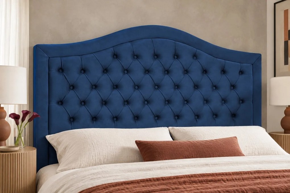 Pat tapițat Chesterfield din catifea Solaria Deluxe 200×200 cm, albastru, cu ladă de depozitare