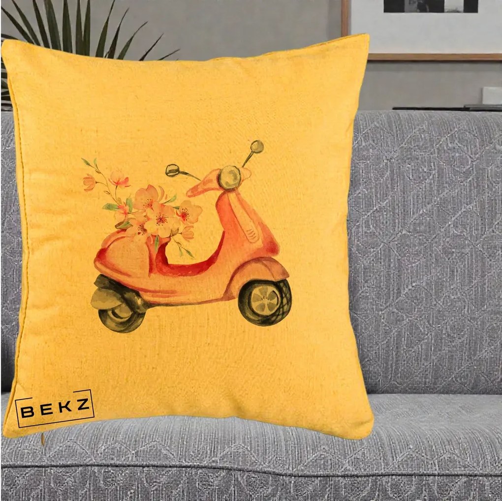 Perna Decorativa Scuter Roz cu Flori Acuarela, 40x40 cm, Galben, Husa Detasabila, Perna Inclusa, BEKZ®