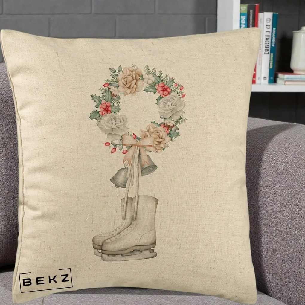 Perna Decorativa Patine cu Coroana Florala de Craciun, 40x40 cm, Bej, Husa Detasabila, Perna Inclusa, BEKZ®