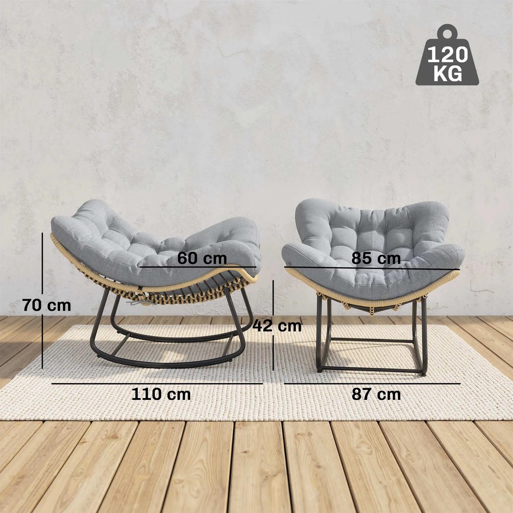 Outsunny Fotoliu balansoar din ratan, șezlong de grădină cu perne groase, balansoar de grădină până la 120 kg, interior/exterior, 87 x 110 x 70 cm, Gri | Aosom Romania