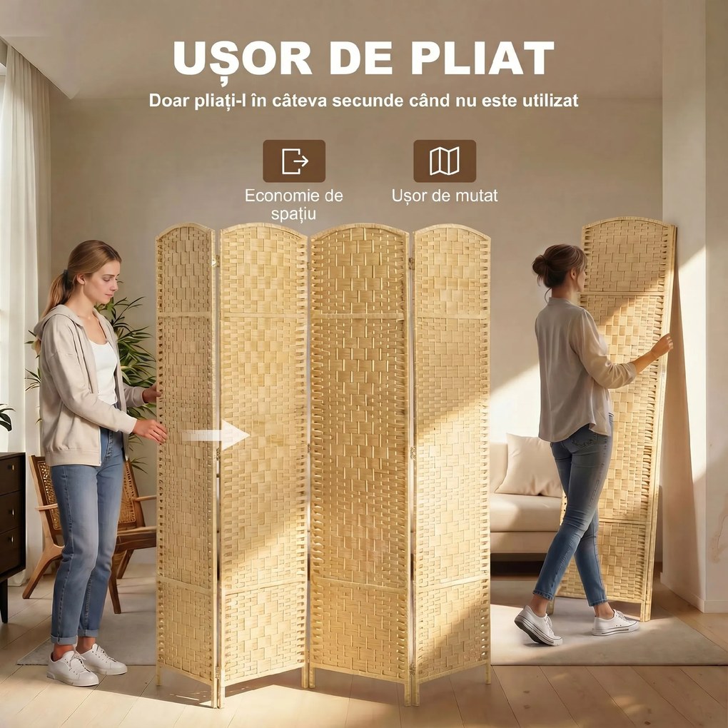 HOMCOM Paravan 4 Panouri Pliabile Per Interni Împletit 180x180cm | Aosom Romania