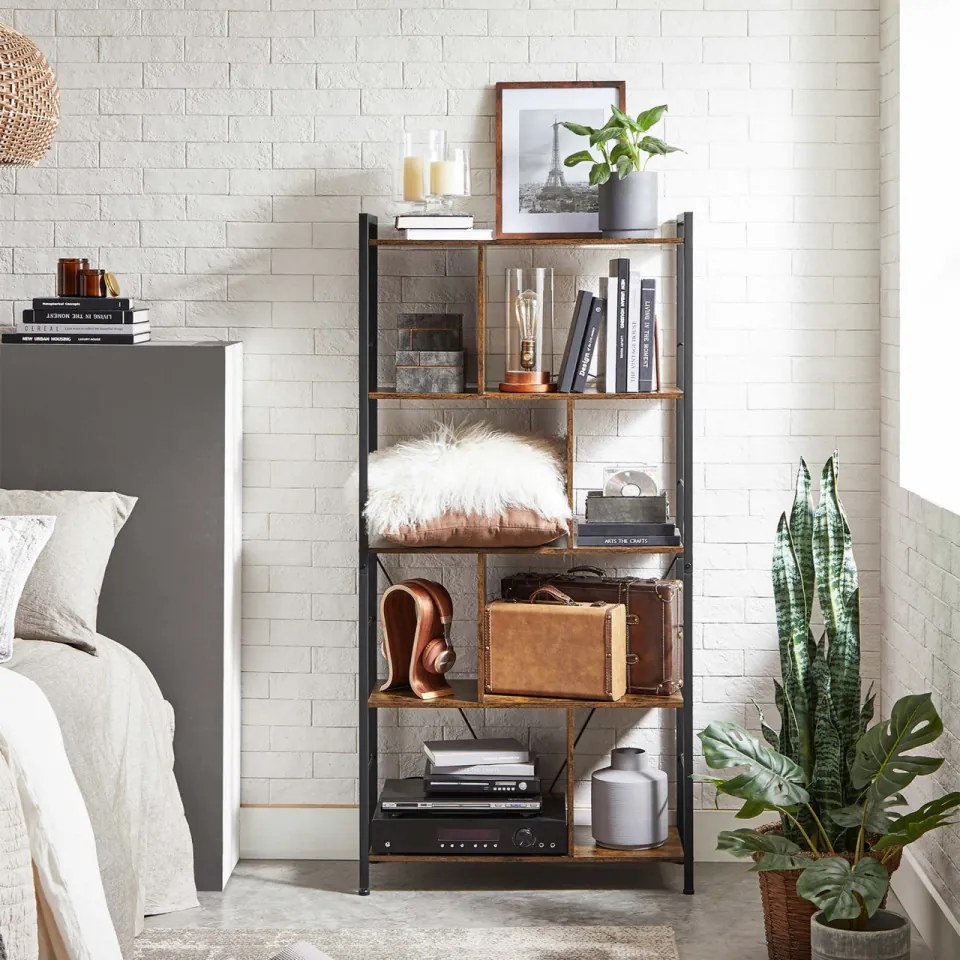Biblioteca Living, Maro Rustic / Negru, PAL / Metal, 5 Rafturi