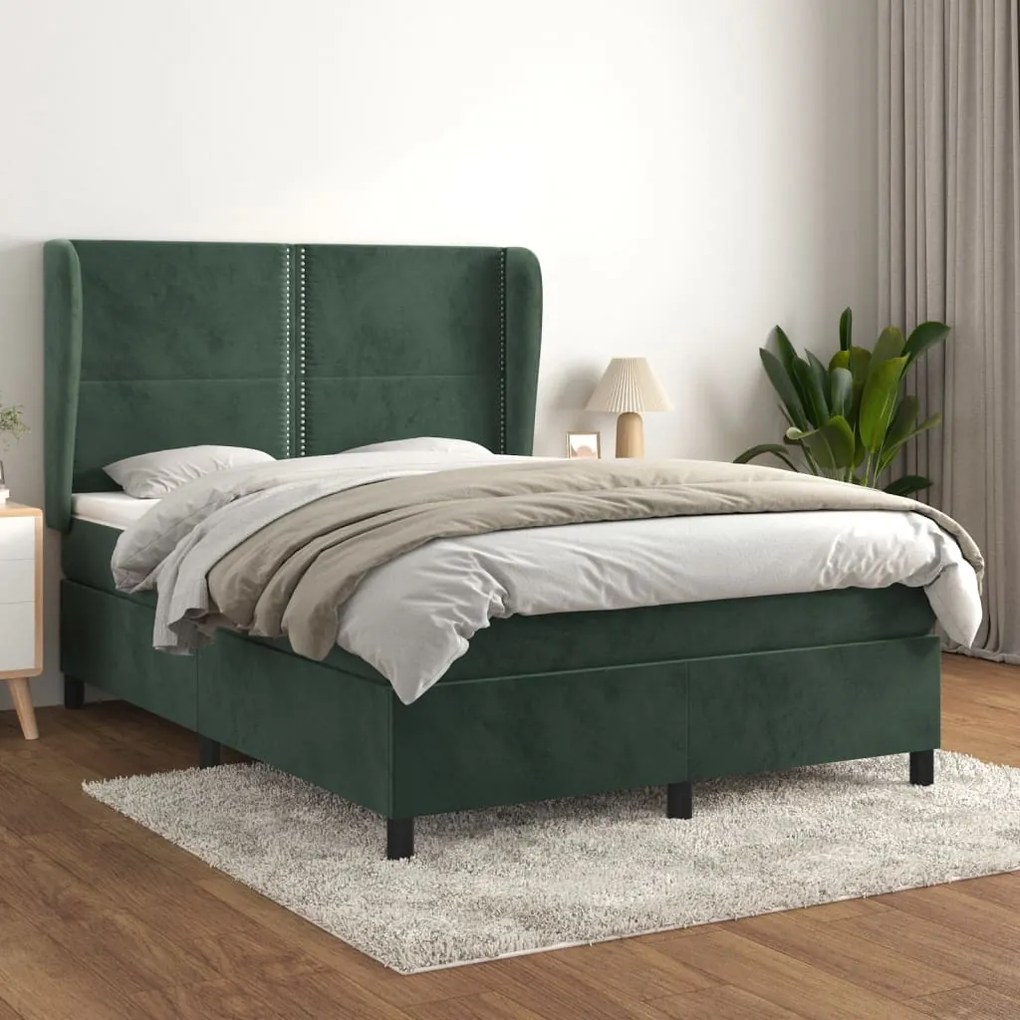 3129156 vidaXL Pat box spring cu saltea, verde închis, 140x200 cm, catifea