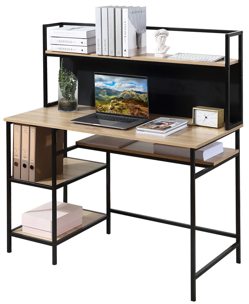 HOMCOM Birou cu depozitare birou informatic cu 4 rafturi, blat mare și panou negru pentru sufragerie cameră 120L x 53l x 126Î cm, stejar și negru | Aosom Romania