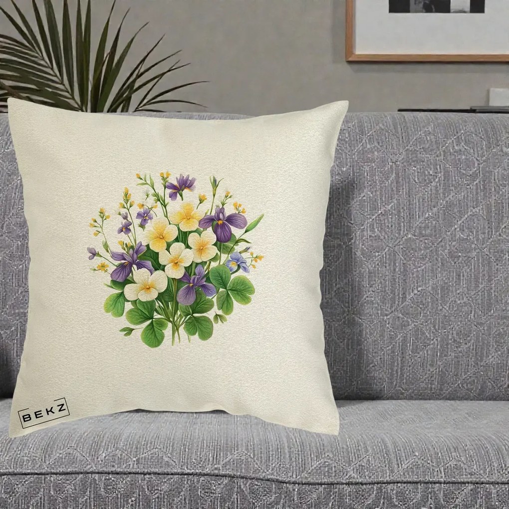 Perna Decorativa Viorele Iris Violet si Trifoi, 40x40 cm, Ecru, Husa Detasabila, Perna Inclusa, BEKZ®