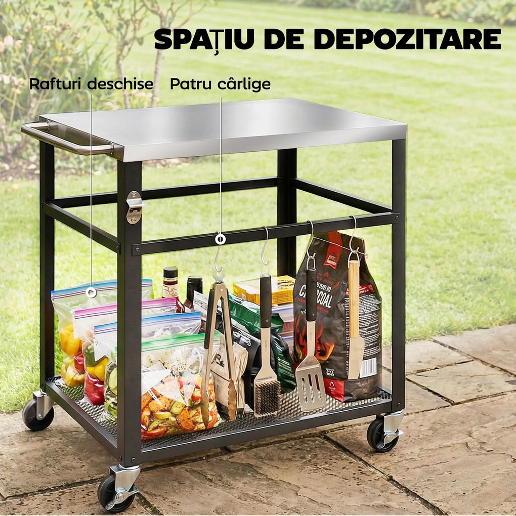 Outsunny Troller pentru Grătar de Exterior cu Blat din Oțel Inoxidabil, 4 Cârlige, Mâner și Roți Blocabile, Negru | Aosom Romania