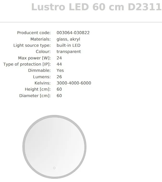 Oglinda baie cu iluminat LED IP44 Mirror LED 60cm