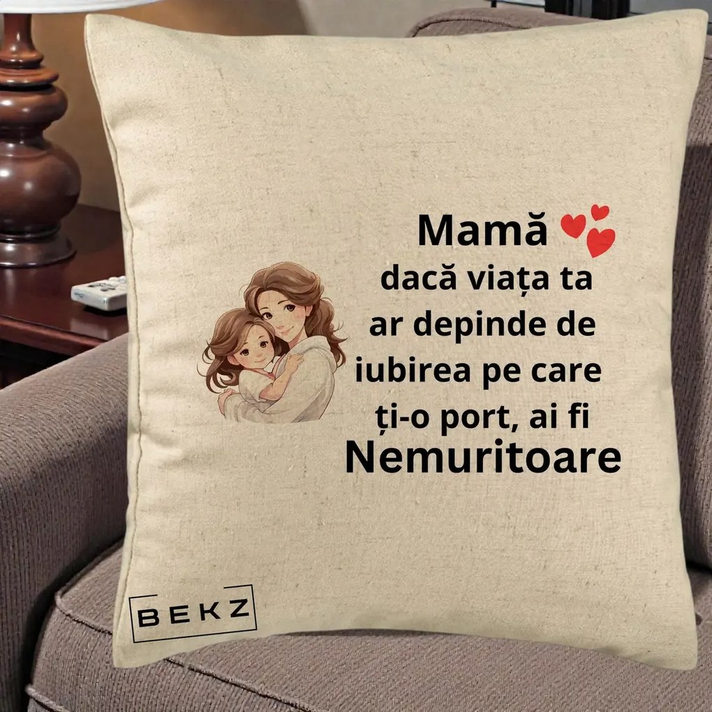 Cadou pentru Mama - Perna Personalizata Mama Nemuritoare cu Balon Inima, 40x40 cm, Bej, Husa Detasabila, Perna Inclusa, BEKZ®