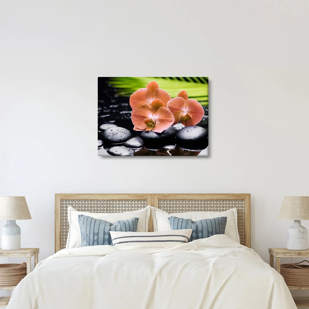 Tablou - Orhidee portocalie cu frunze de palmier (70x50 cm)