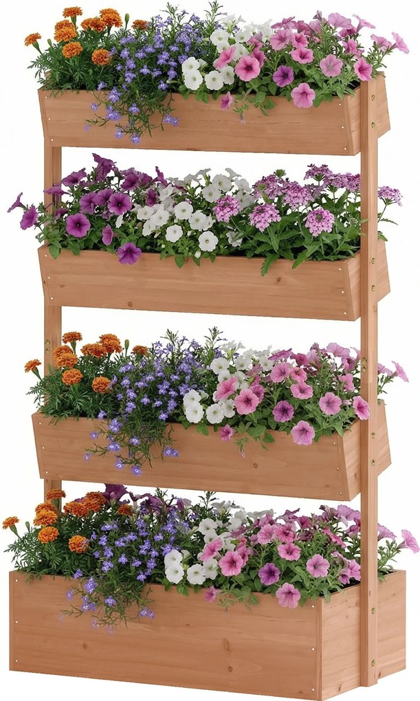 Outsunny Jardinieră din lemn cu 4 niveluri Jardinieră ridicată exterioară cu orificii de drenaj și material nețesut Maro | Aosom Romania
