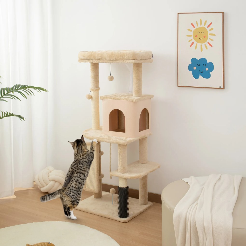 PawHut Arbore pentru Pisici Multilevel Înalt 132 cm cu Căsuță, Culcuș, Stâlpi Zgâriători, Perie și Biliță, Bej | Aosom Romania