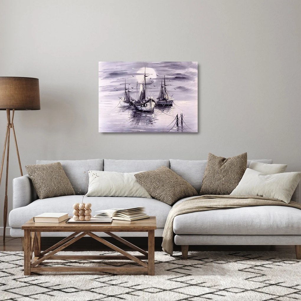 Tablou pe sticlă - Port marin, pictură în ulei (70x50 cm)