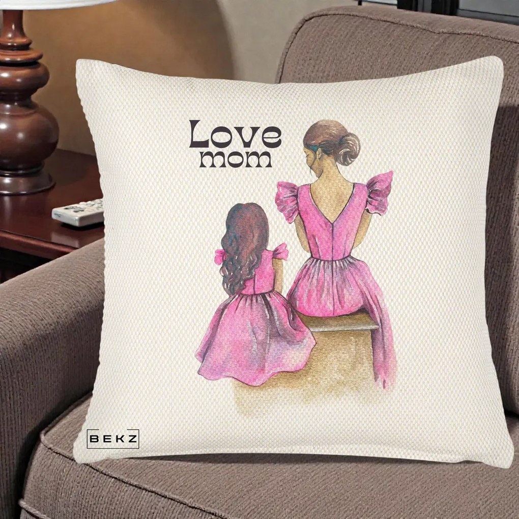 Cadou pentru Mama - Perna Personalizata Love Mom Rochii Roz, 40x40 cm, Crem Reliefat, Husa Detasabila, Perna Inclusa, BEKZ®