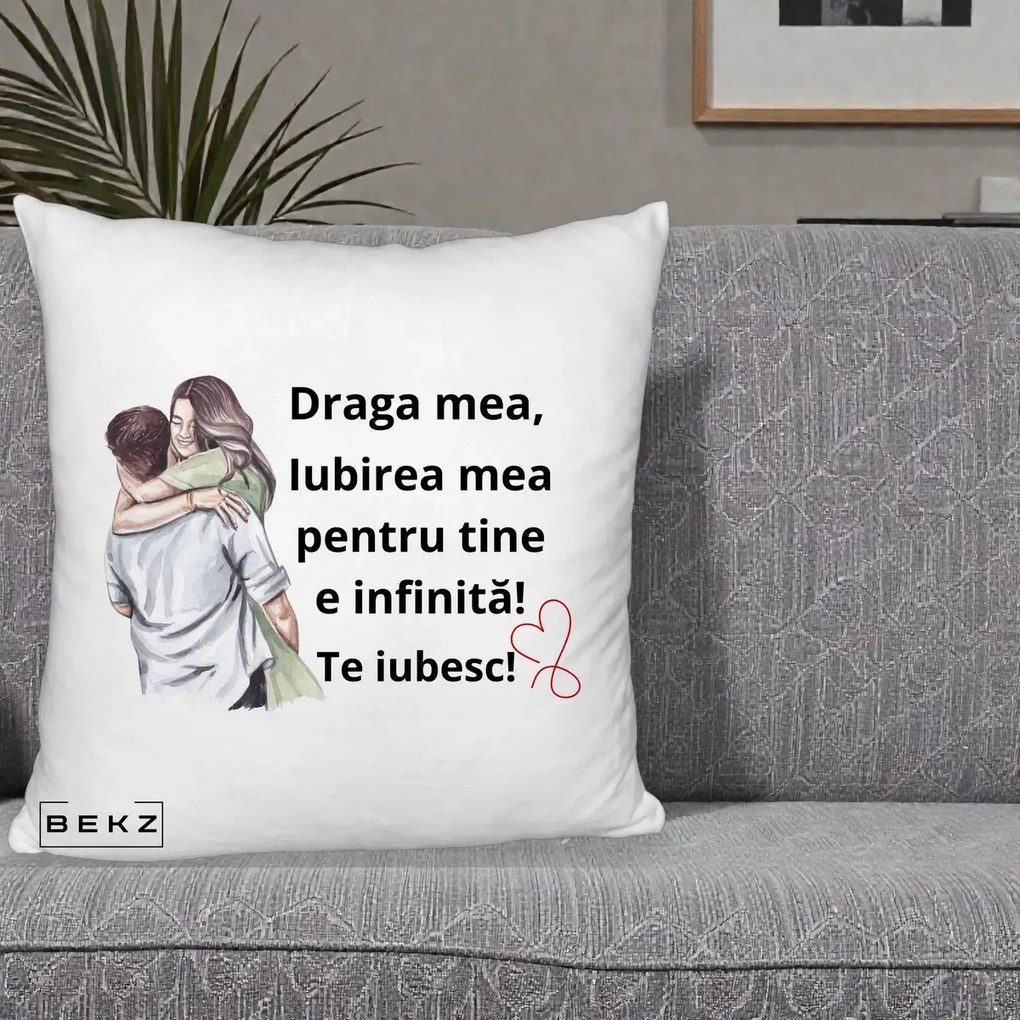 Cadou pentru Iubita - Perna Personalizata Draga Mea Iubirea Mea Infinita Te Iubesc cu Cuplu Acuarela, 40x40 cm, Alb Pufos, Husa Detasabila, Perna Inclusa, BEKZ®